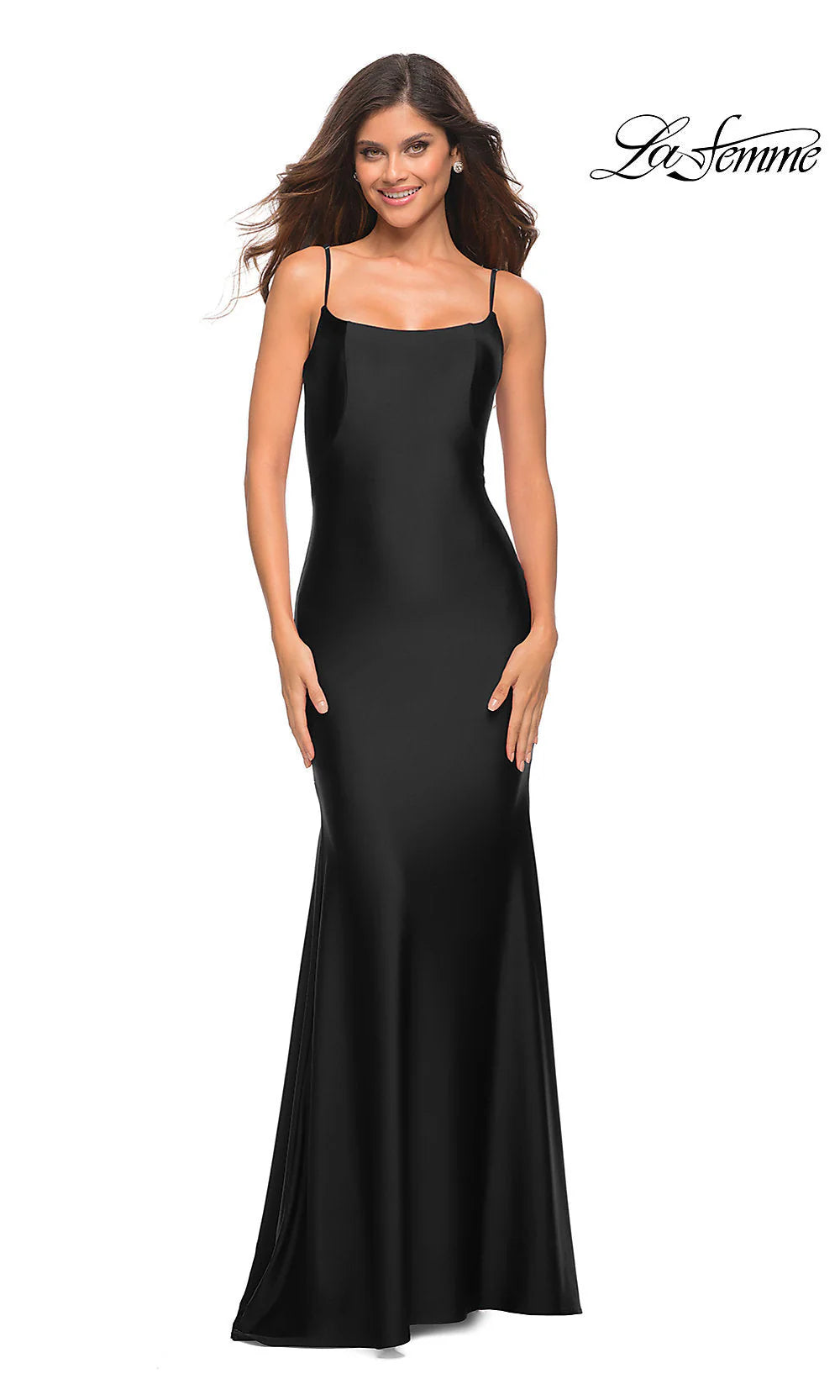 Low V-Back La Femme Long Prom Dress with Train