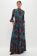 Madrid Blue High Neck Bell Sleeve Maxi Dress