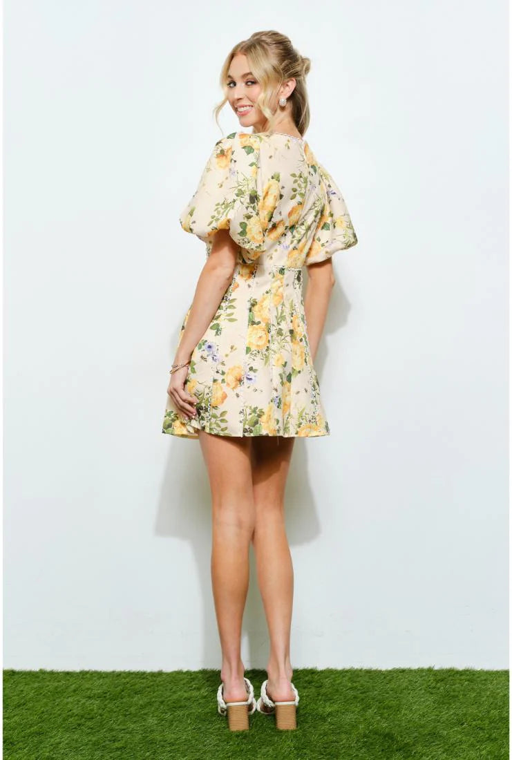 PRE-ORDER ONLY! ETA MAY 30th Savannah Floral Print Puff Sleeve Mini Dress - Yellow
