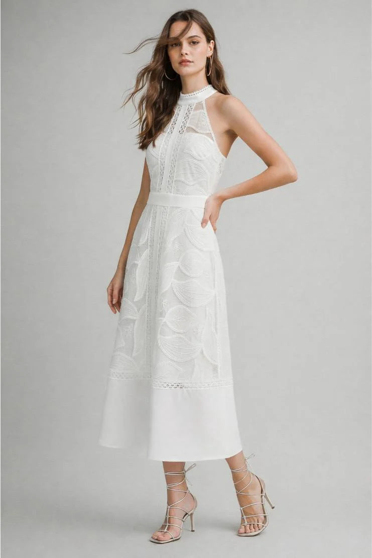Celine Halter Neck Lace Midi Dress - White