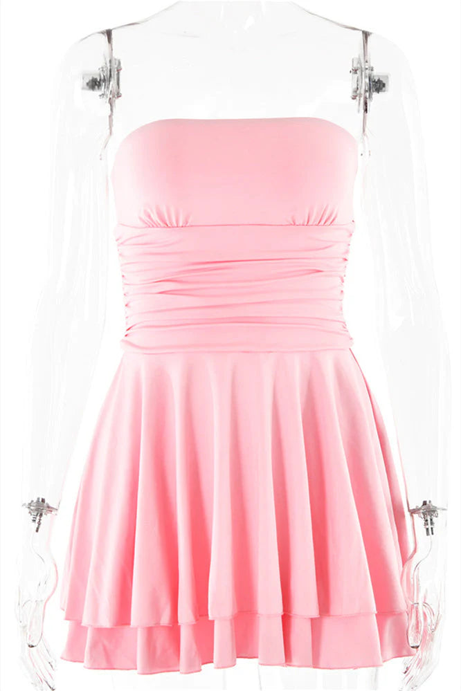 Strapless Orange Ruffle Ruched Short Dress