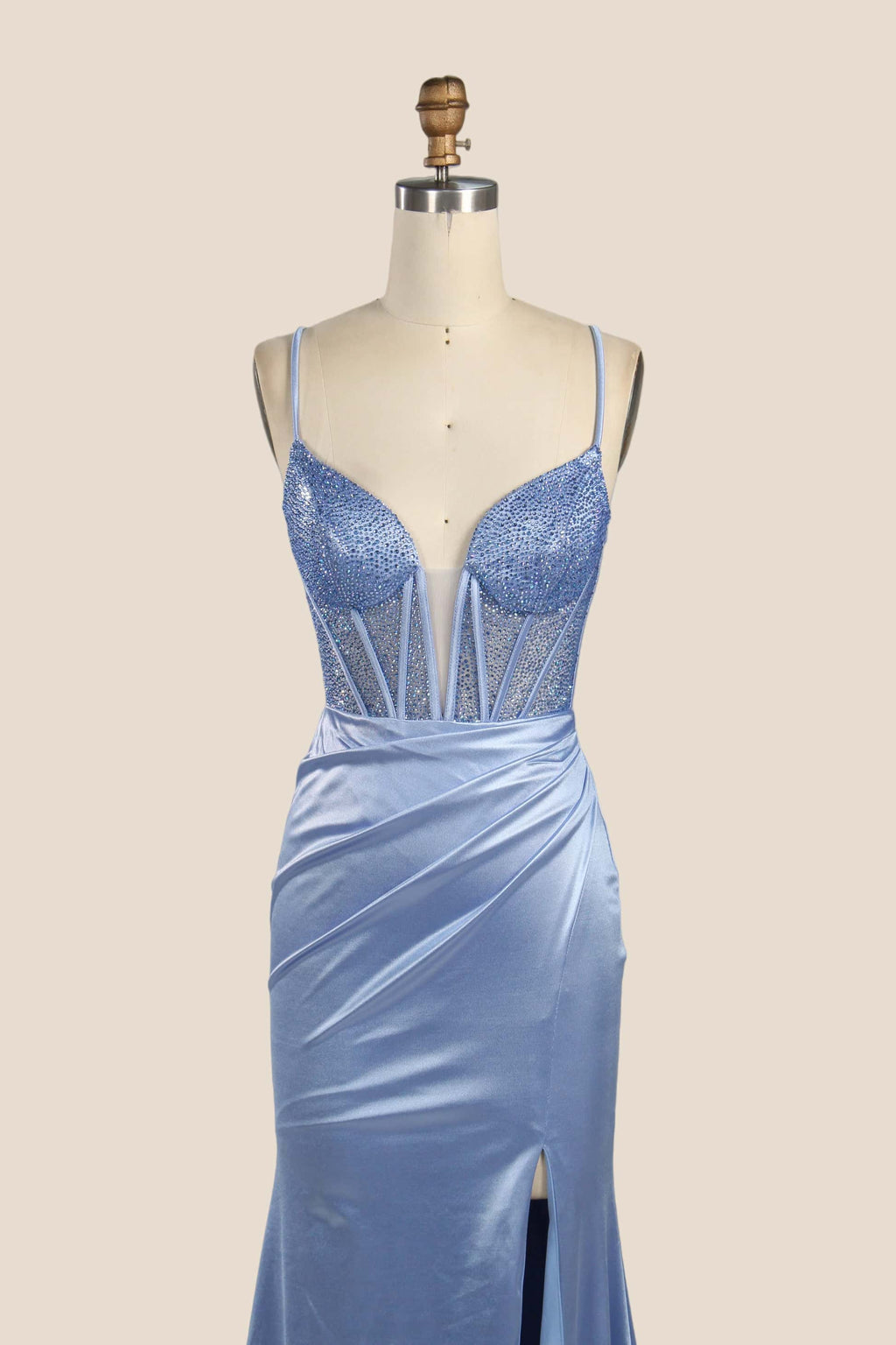 Straps Beaded Blue Ruched Satin Fitted Prom Dress