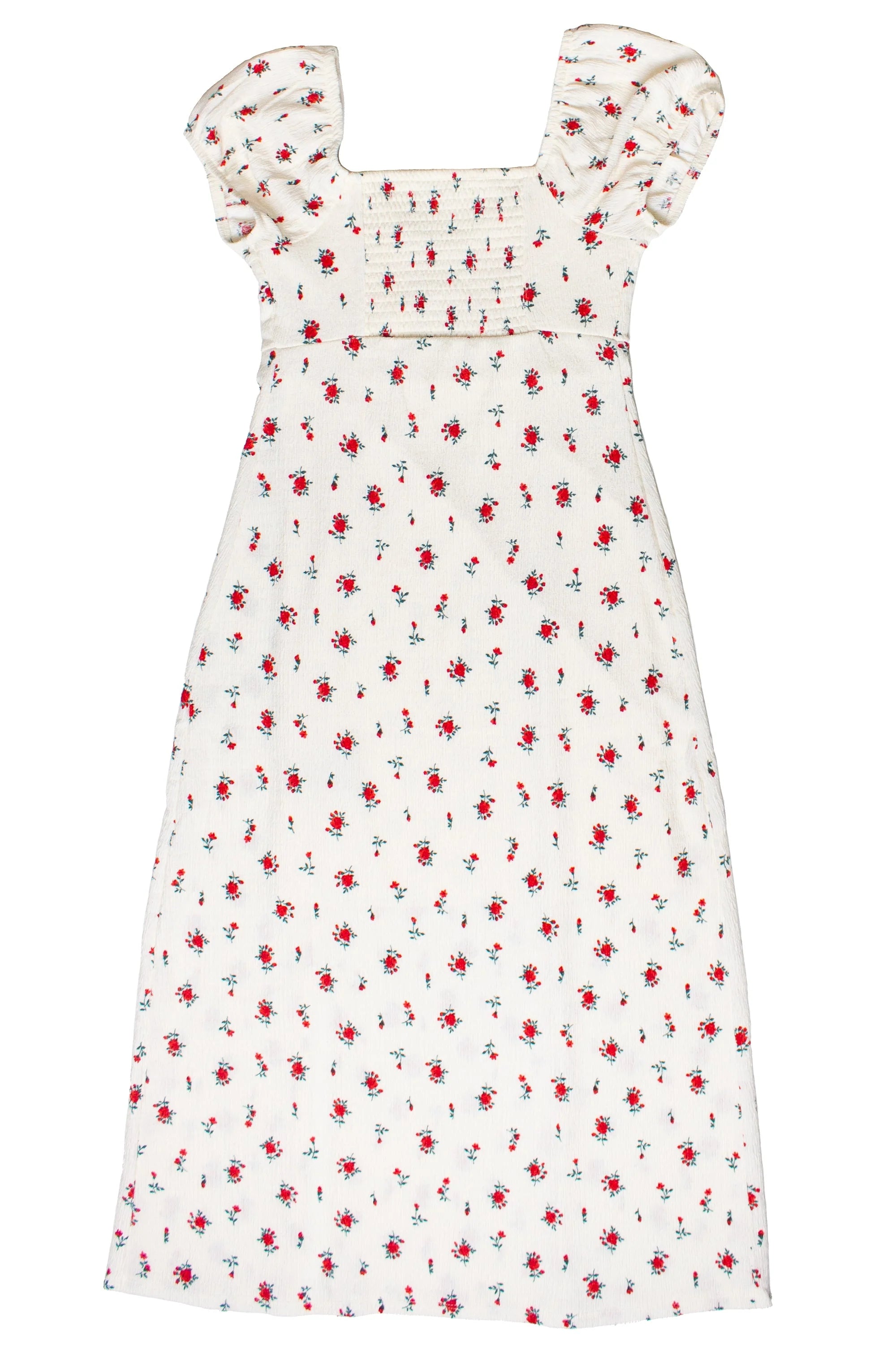 Rose Print Empire Waist Puff Sleeve Dress