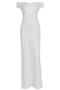 White Off-shoulder Polka Dot Long Dress