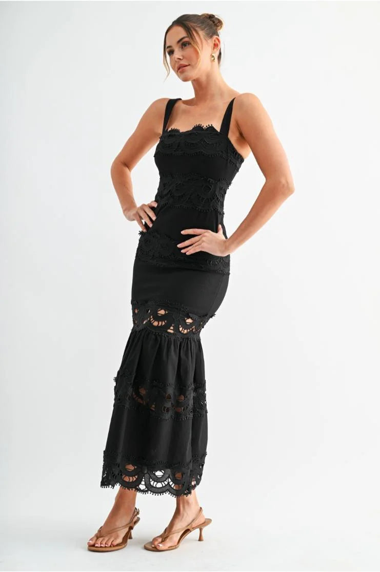 Raven Lace Tiered Midi Dress - Black