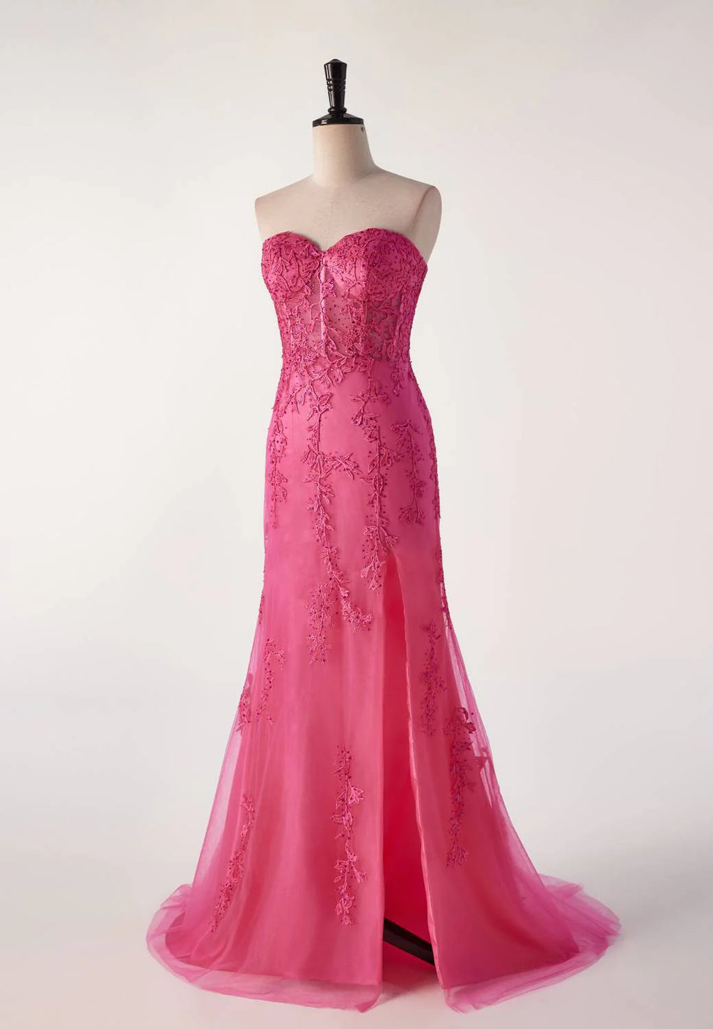 Hot Pink Lace Appliques Mermaid Long Formal Gown