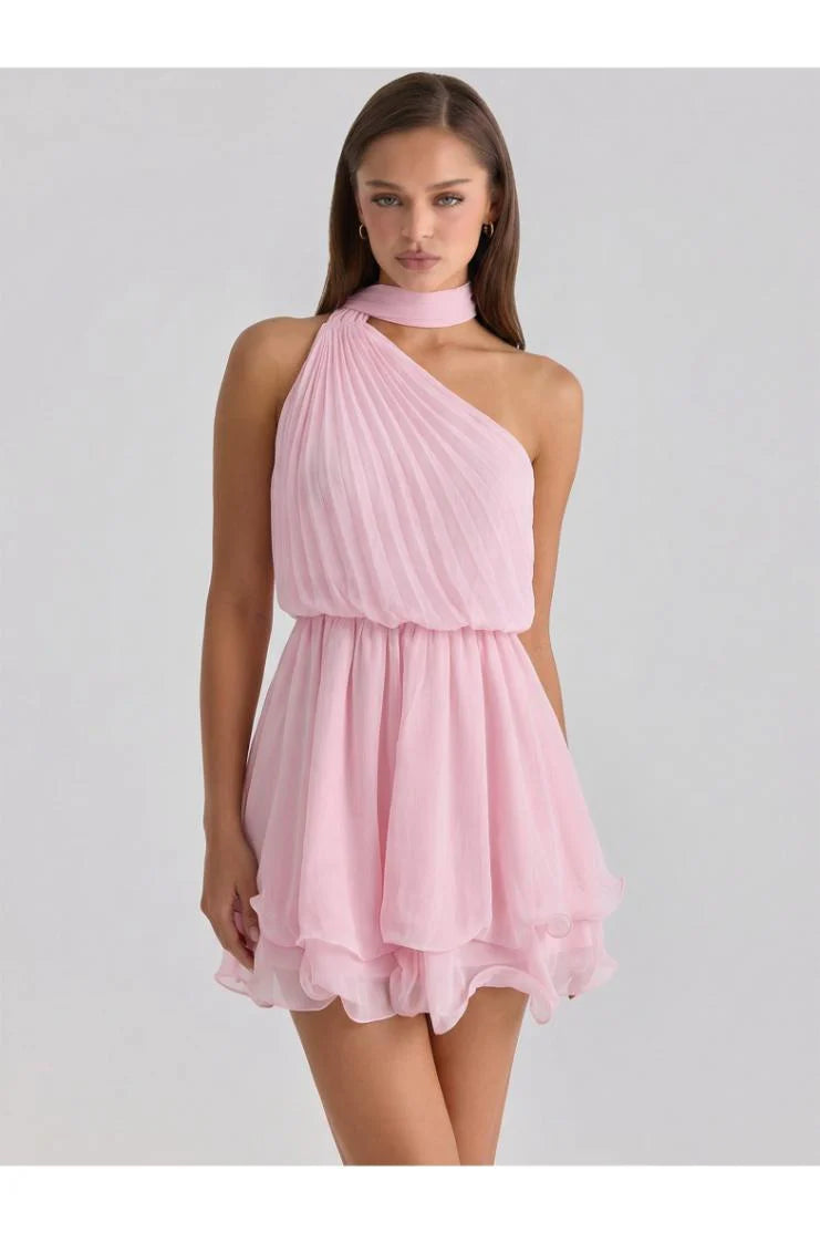 PRE-ORDER Only! (ETA May 15th) Cindy Pleated One Shoulder Mini Dress - Pink