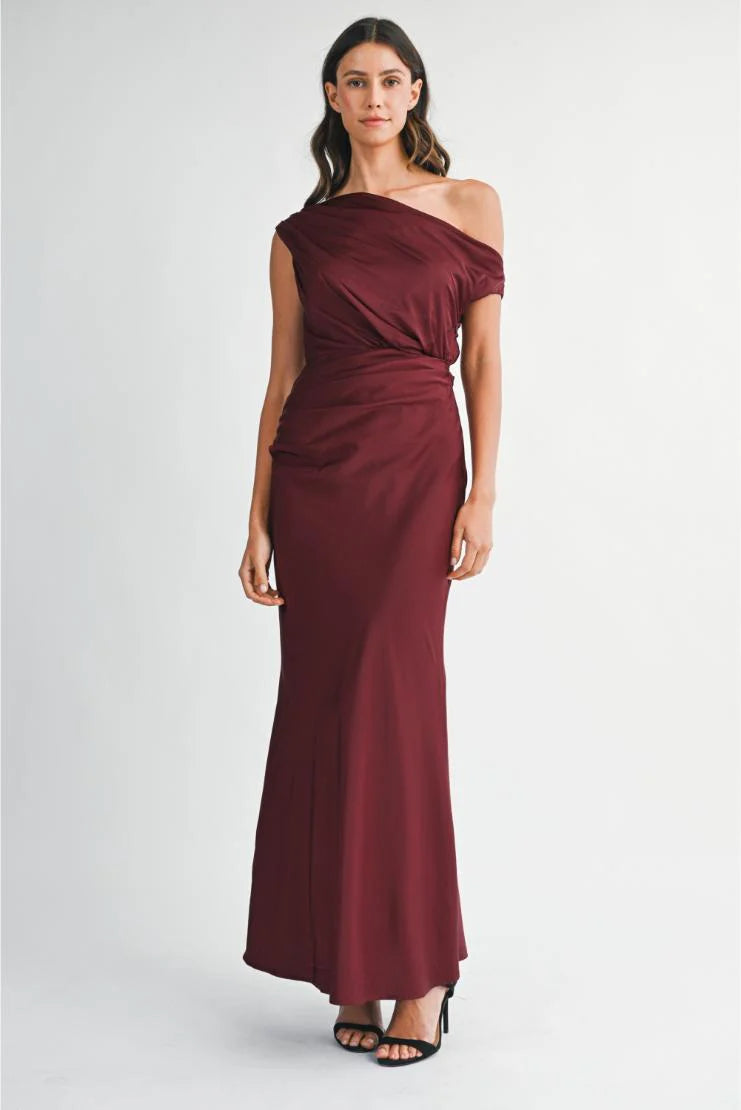 Stella Satin Draped On Shoulder Maxi Dress
