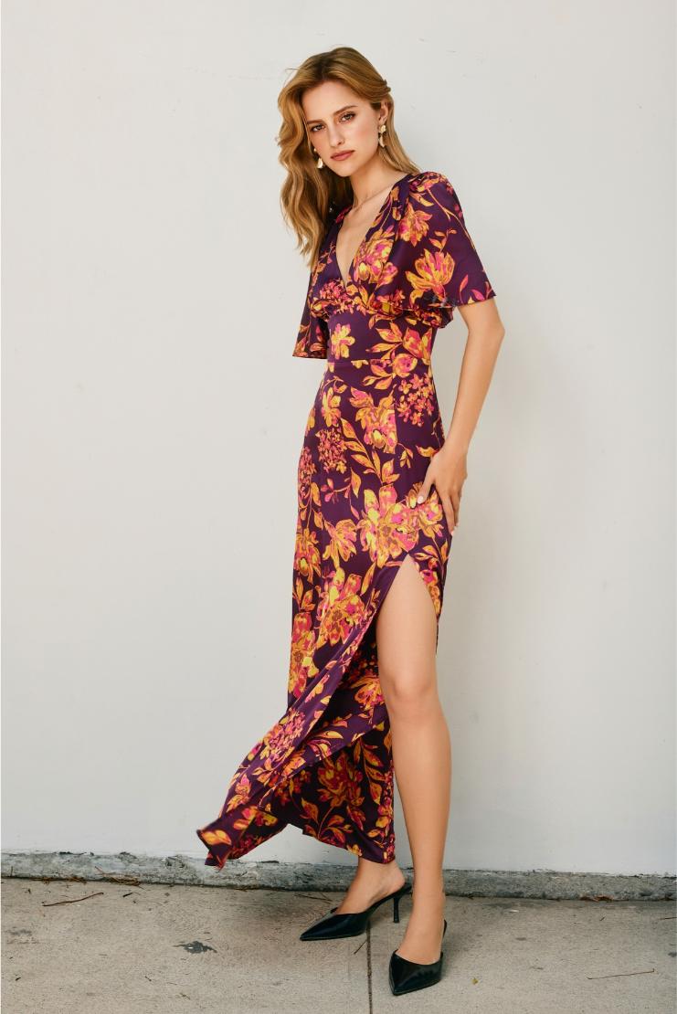 Talia Fall Florals Satin Bell Sleeved Maxi Dress
