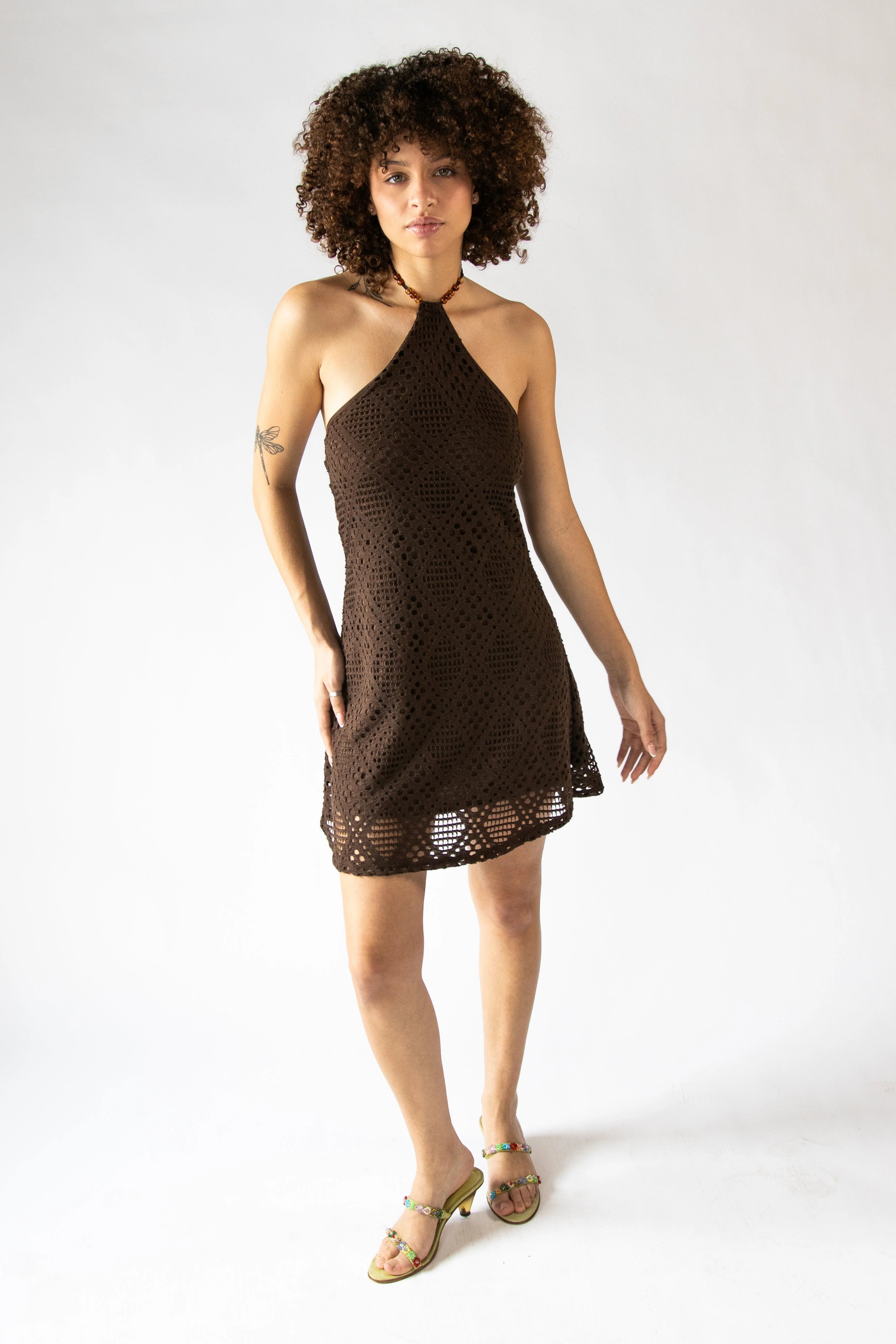 Diamond Pointelle Beaded Halter Mini Dress