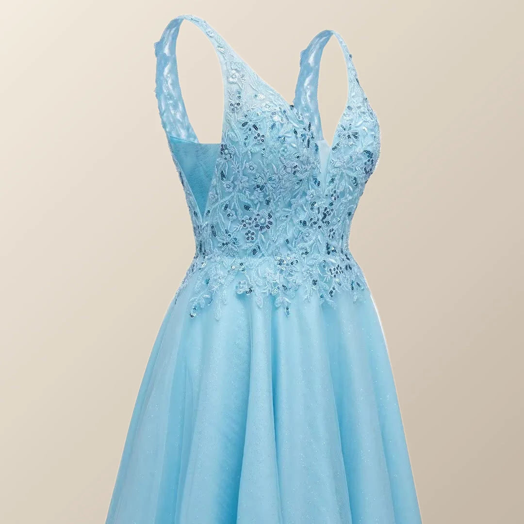 V Neck Blue Appliques Tulle A-line Short Dress