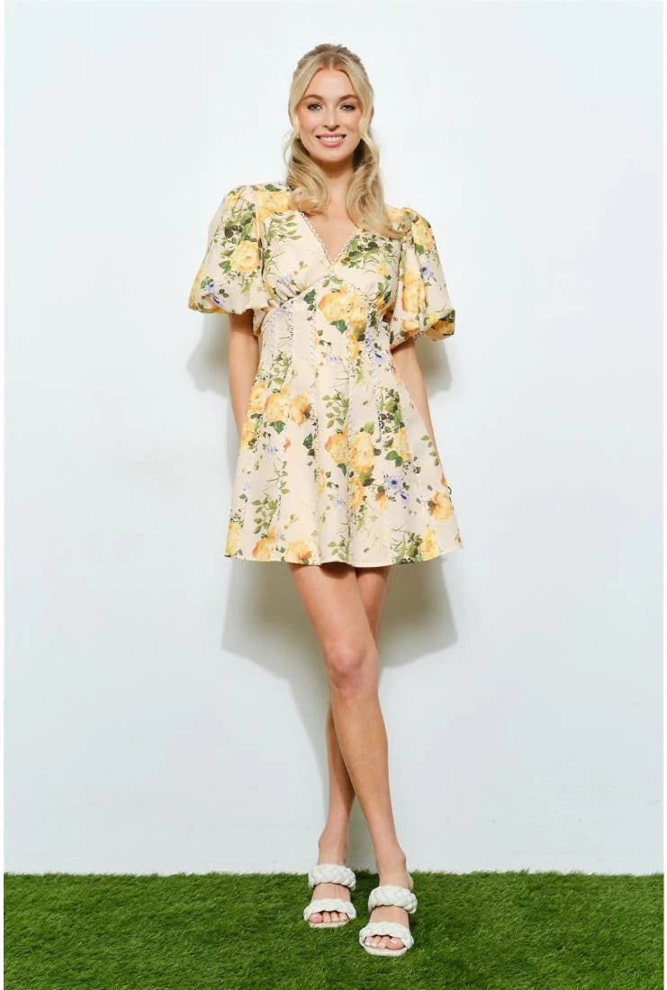 PRE-ORDER ONLY! ETA MAY 30th Savannah Floral Print Puff Sleeve Mini Dress - Yellow