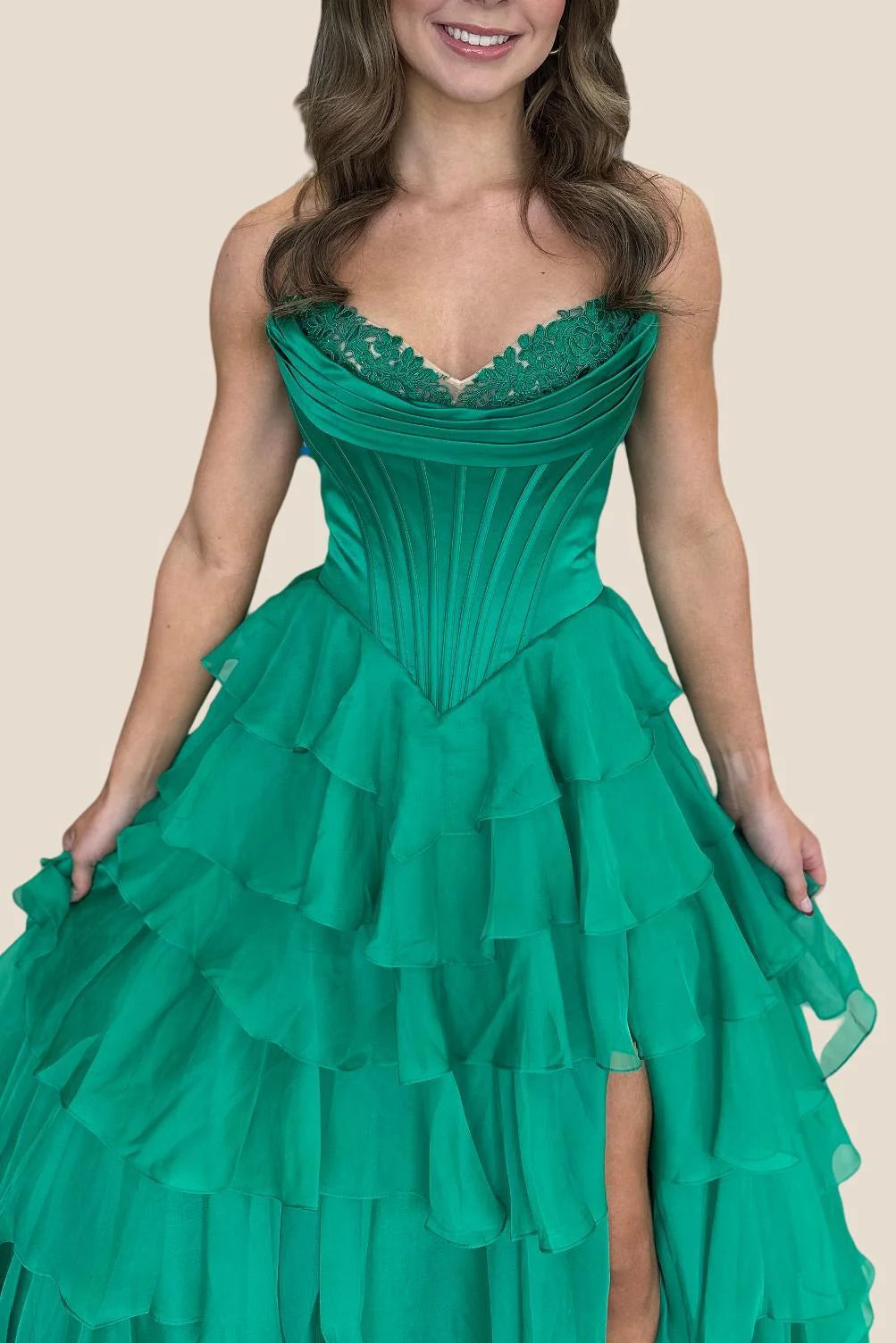 Strapless Orange Tiered Chiffon Long Dress with Slit