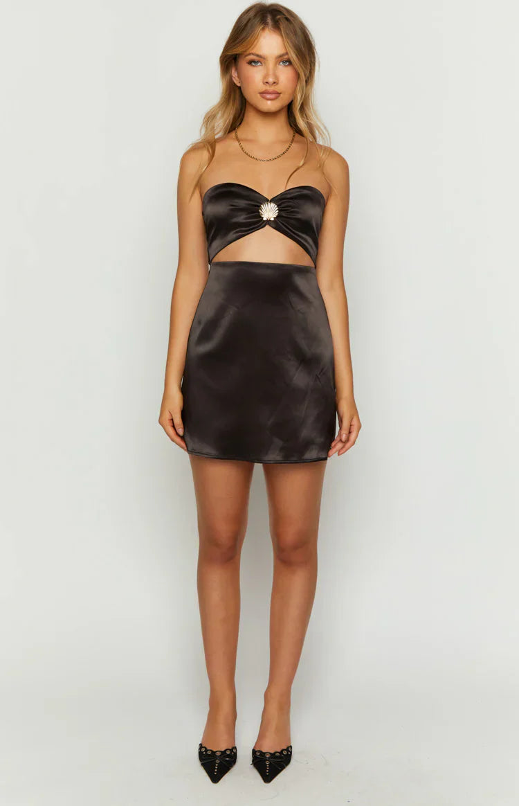 Shore Side Black Satin Strapless Mini Dress