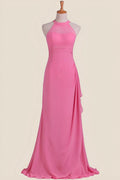 Hot Pink Halter Chiffon Draped Long Dress