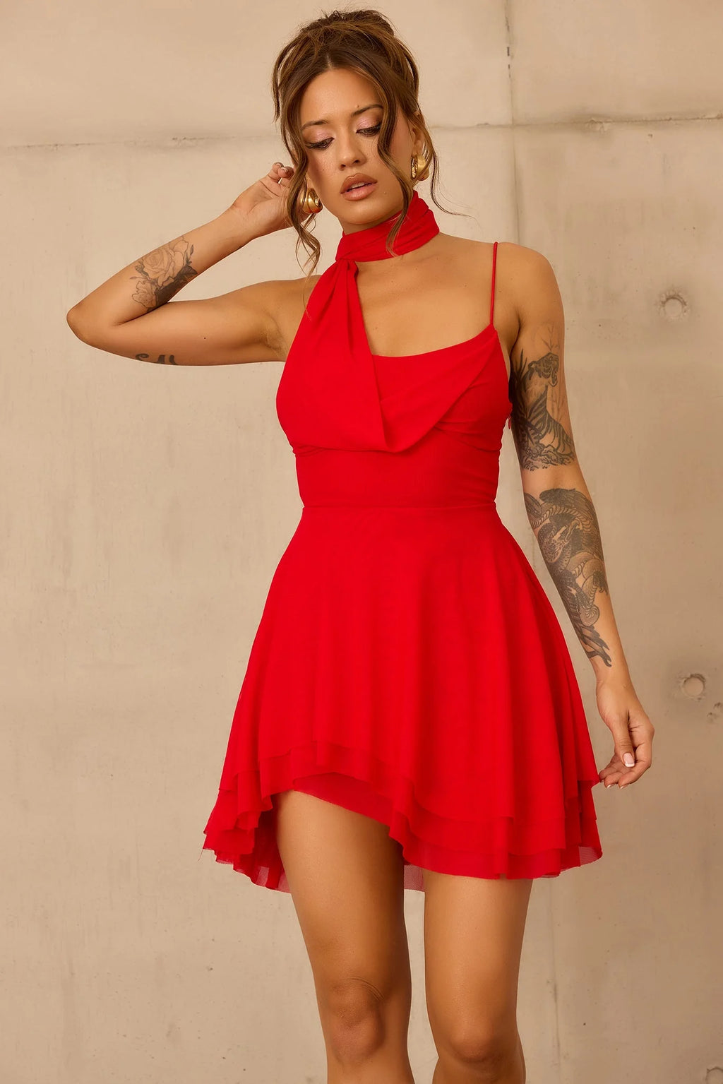 Nocturne Veil Mesh Mini Dress - Red