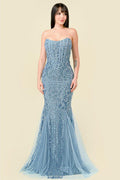 Briella Dusty Blue Tulle & Sequin Bustier Gown