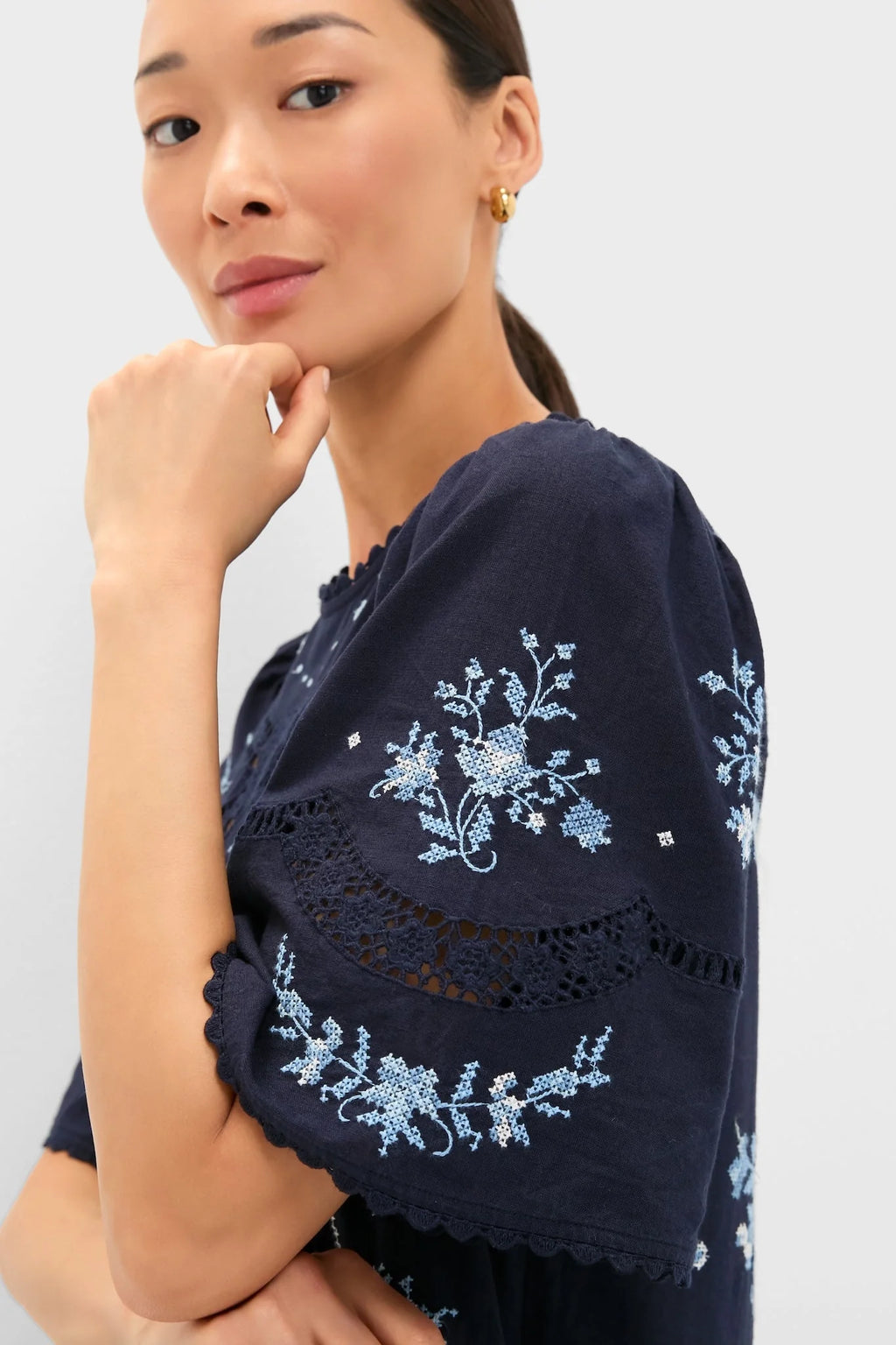 Exclusive Navy Edwina Embroidery Midi Dress