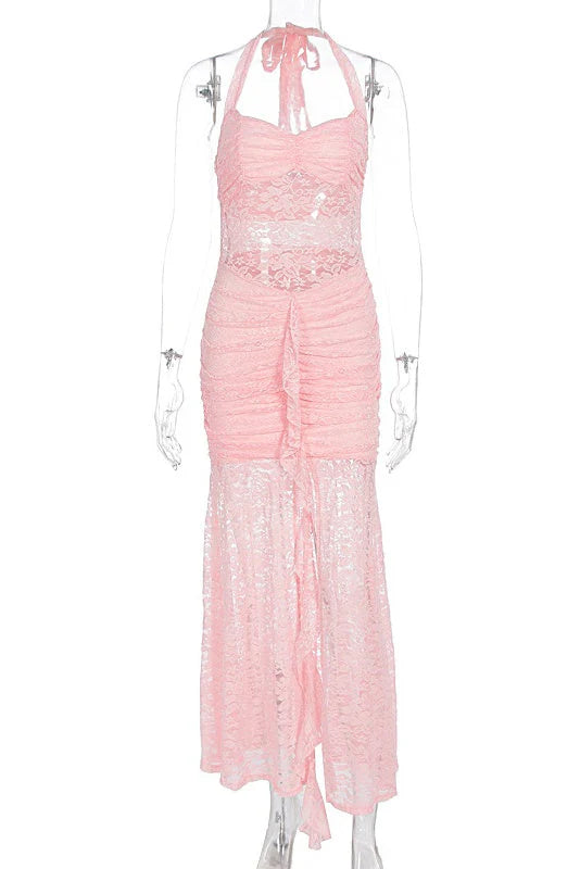 Light Blue Lace Halter Fitted Long Dress