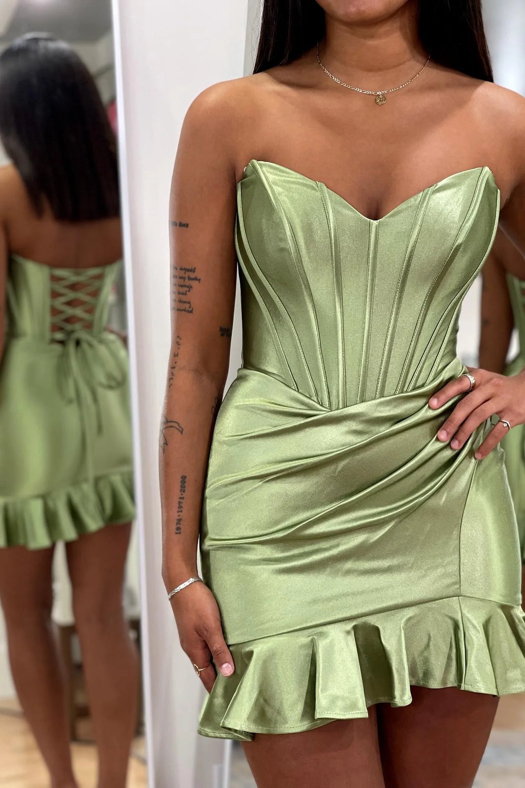 Strapless Short Green Ruched Ruffle Dress