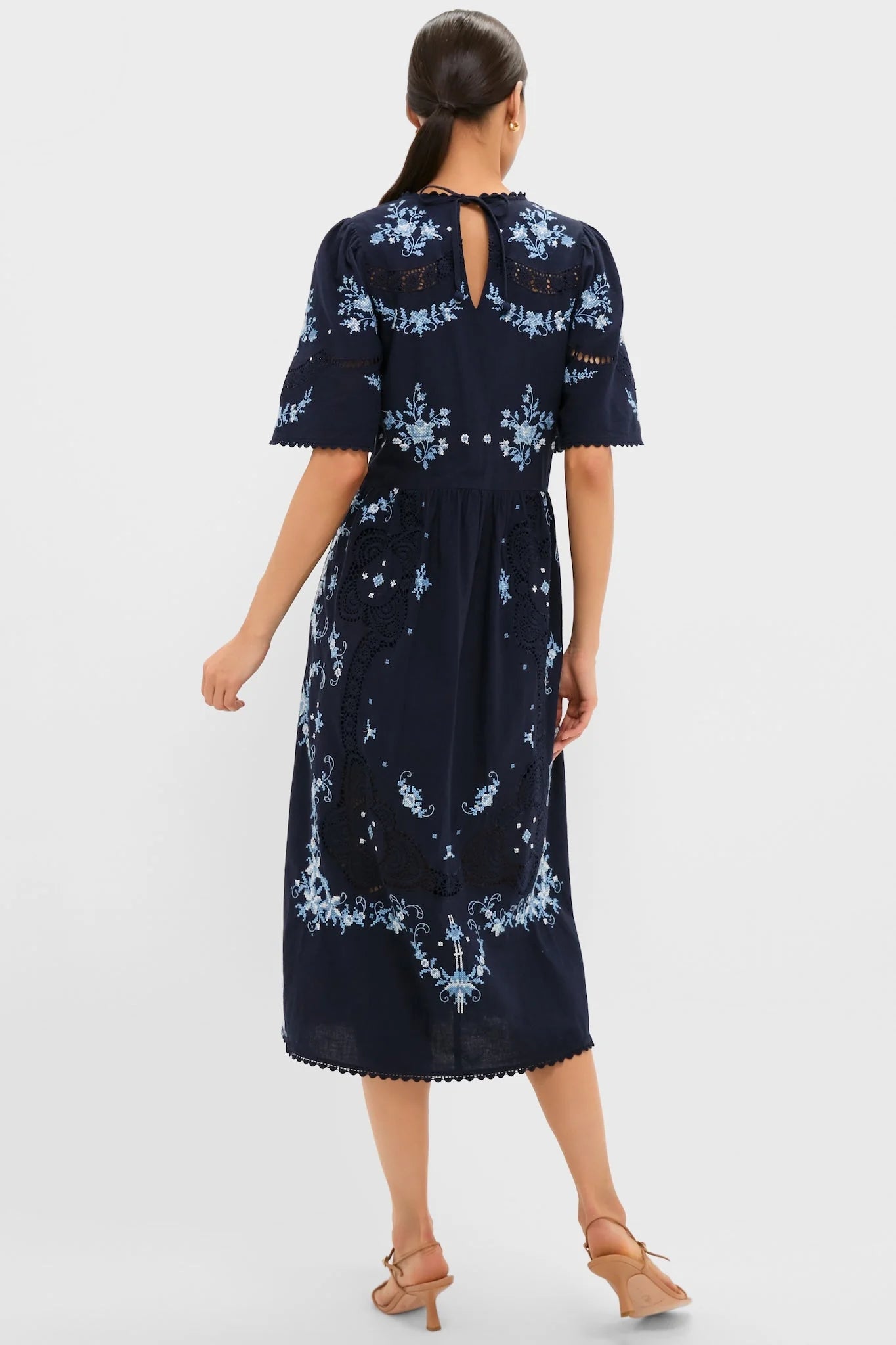 Exclusive Navy Edwina Embroidery Midi Dress
