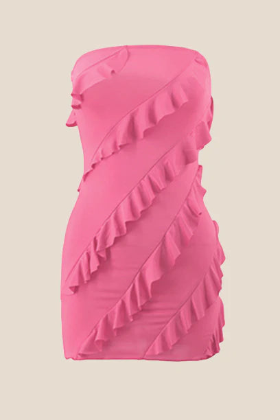 Strapless Coral Ruffled Bodycon Short Dress
