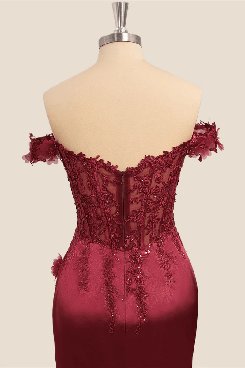 Lace Off the Shoulder Navy Blue Satin Mermaid Dress