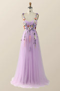 Lavender Tulle and Floral Embroidery Long Formal Gown