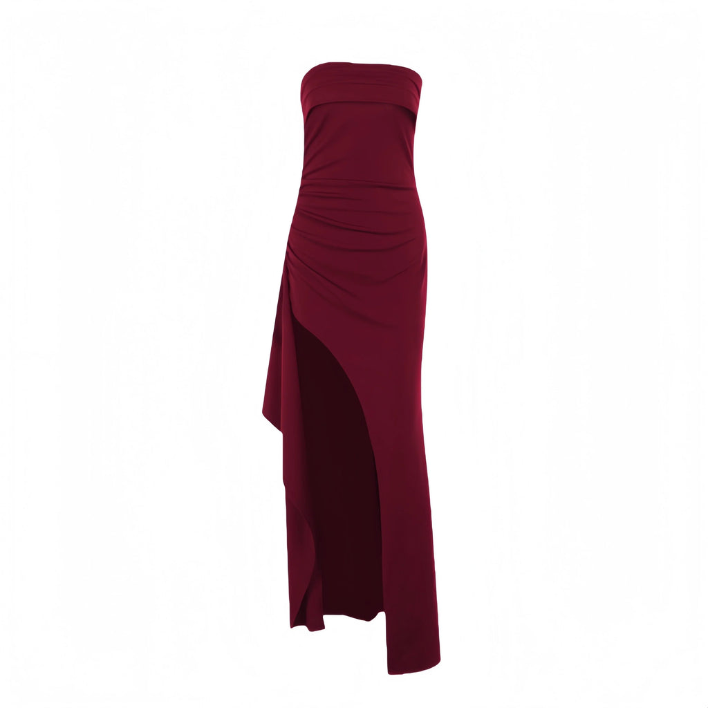 Strapless Navy Blue Pleated Long Dress with Slit