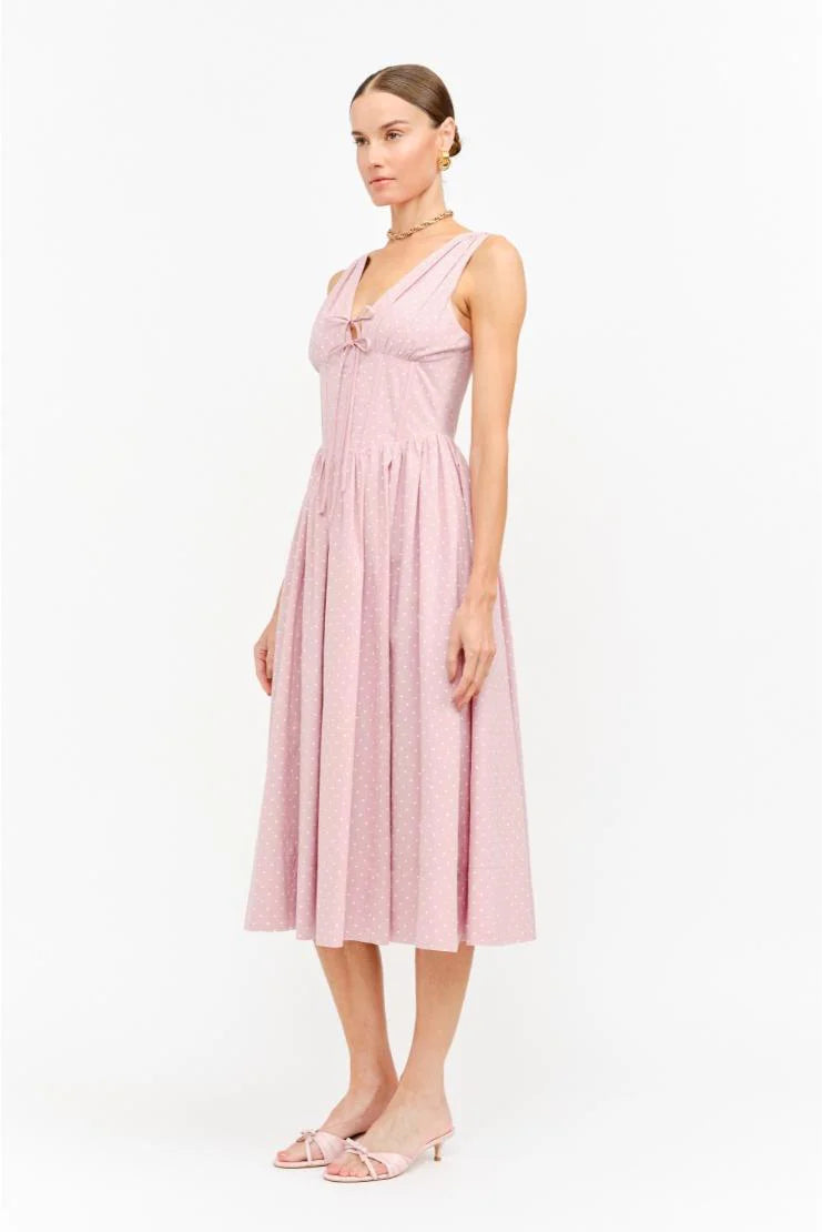 Darlene Polka Dot Linen Midi Dress - Pink