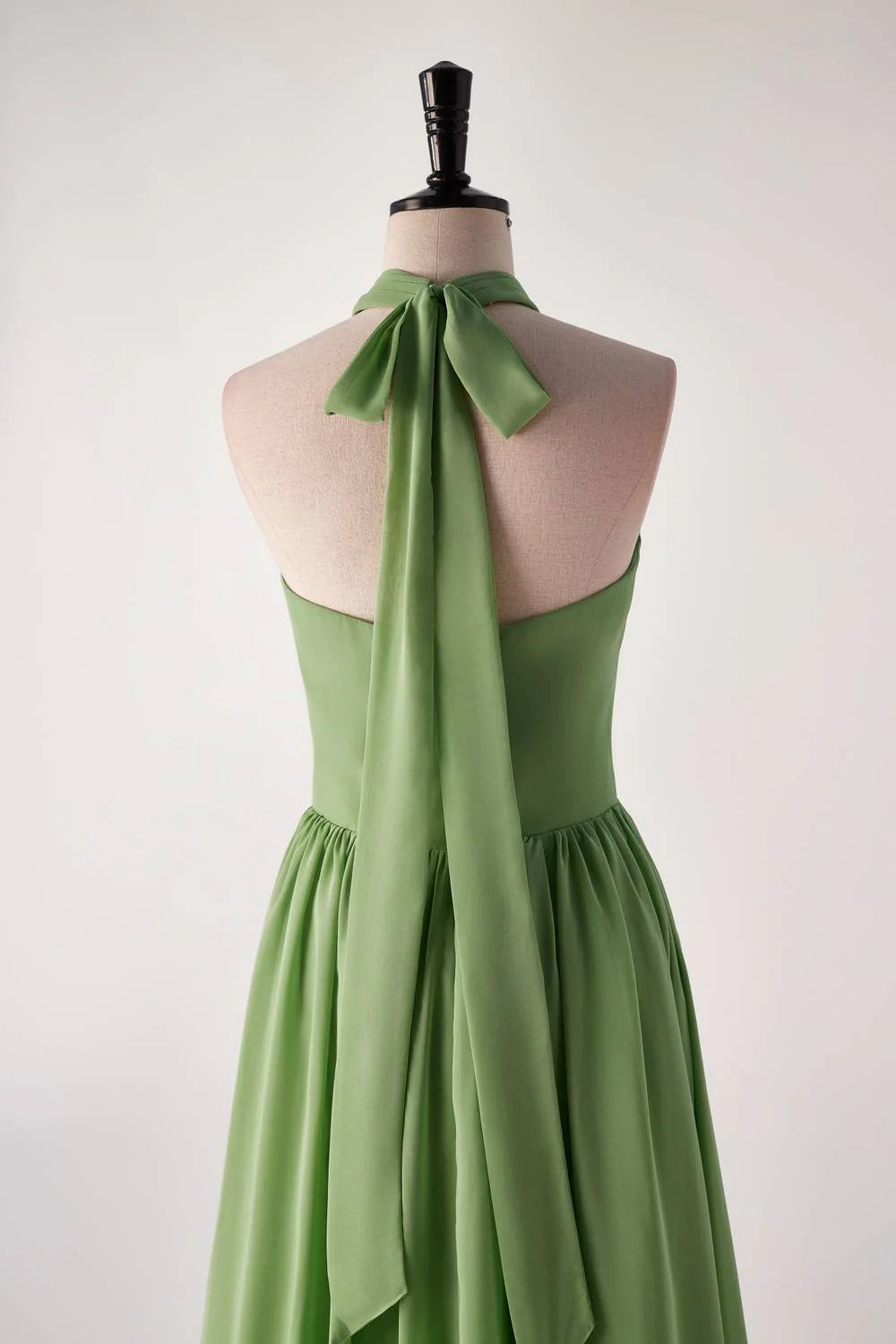 Halter V Neck Matcha Green Long Bridesmaid Dress