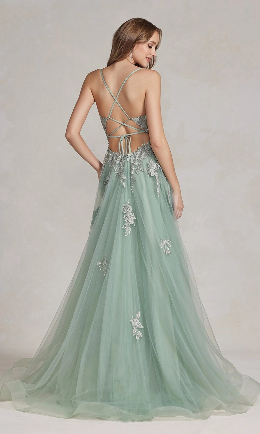 Long A-Line Lace Prom Dress with Wrap-Style Skirt