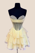Yellow Sheer Corset Ruffle Short Dress