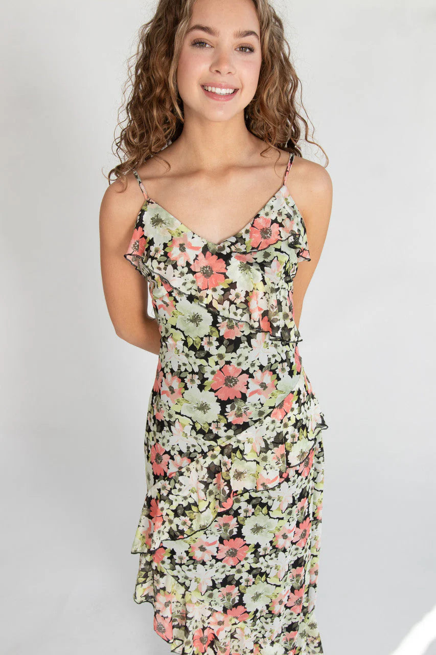 Floral Asymmetrical Hem Ruffle Mesh Midi Dress