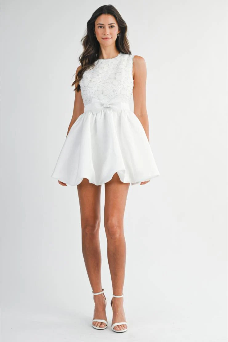 Isabelle Embellished Floral Appliques Bubble Mini Dress - White