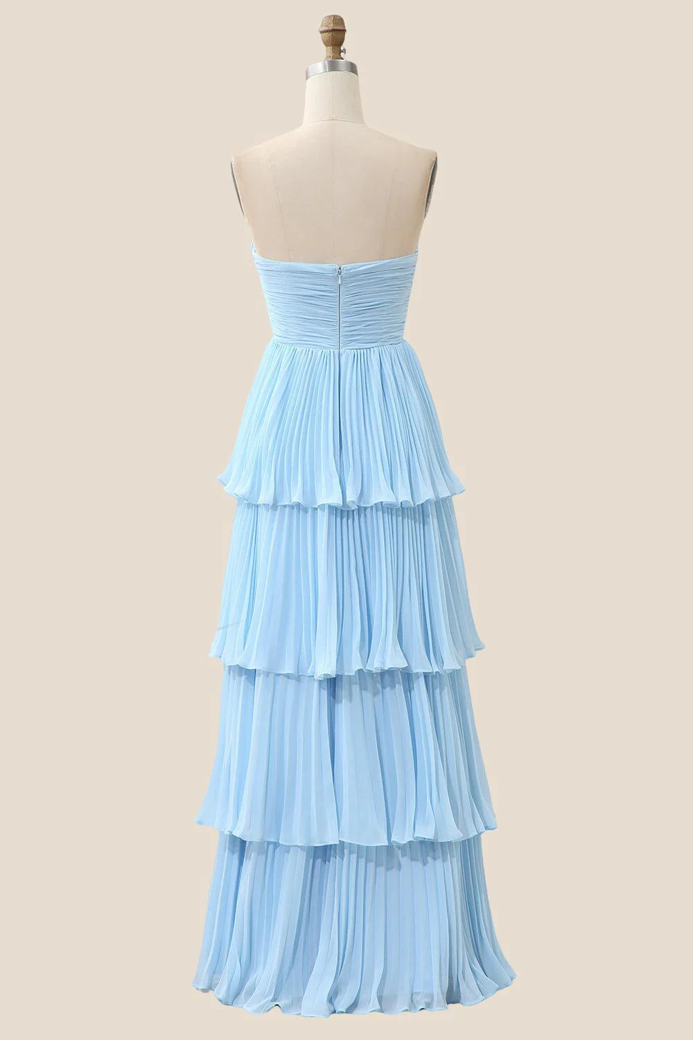 Strapless Sage Pleated Tiered Long Party Dress