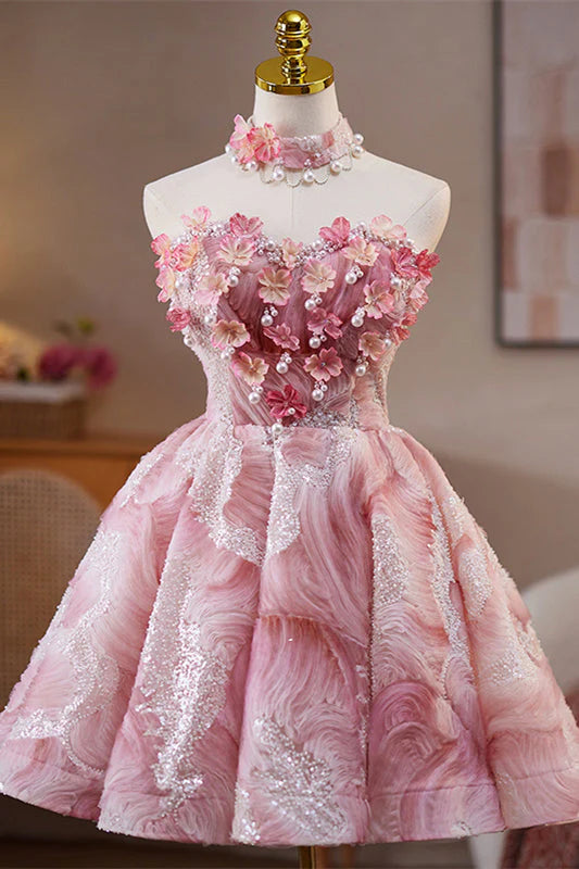 Strapless Pink 3D Floral Short Dress