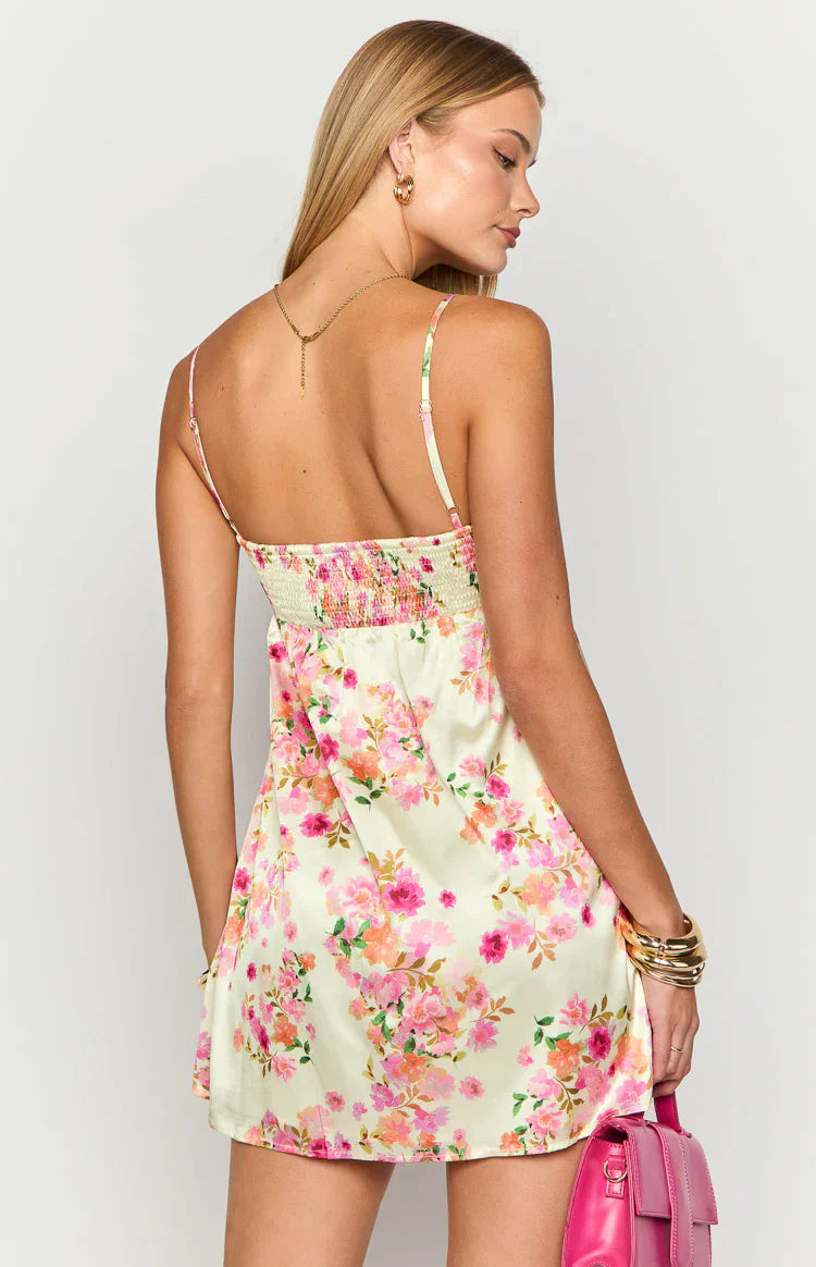 Elsa Yellow Bloom Satin Mini Dress