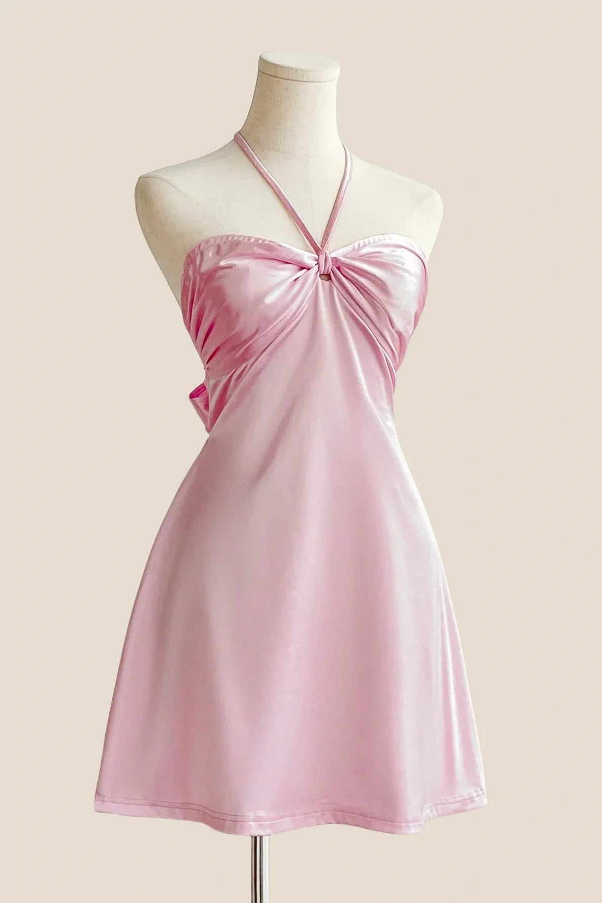 Halter Yellow Back Tie A-line Short Dress