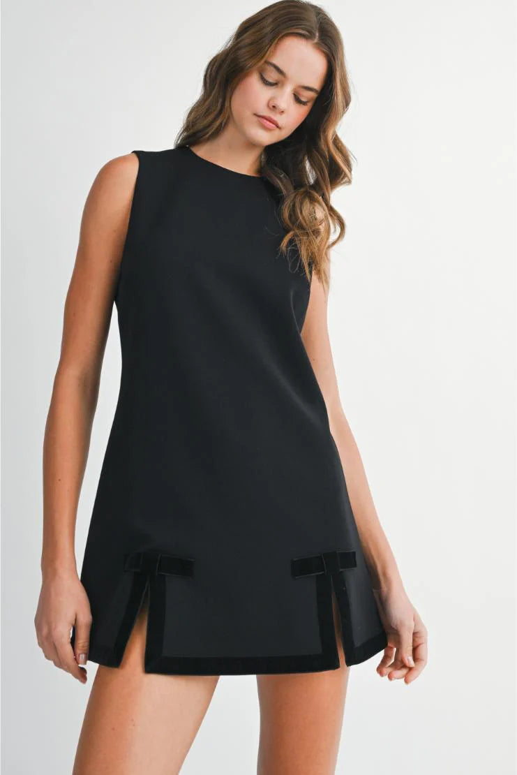 Viola Solid Velvet Bow Shift Dress - Black