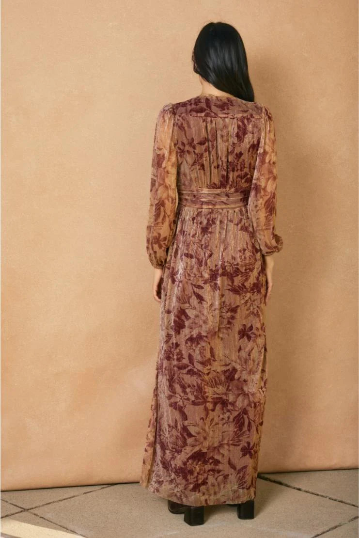 Golden Blooms Shimmering Metallic Florals Maxi Dress