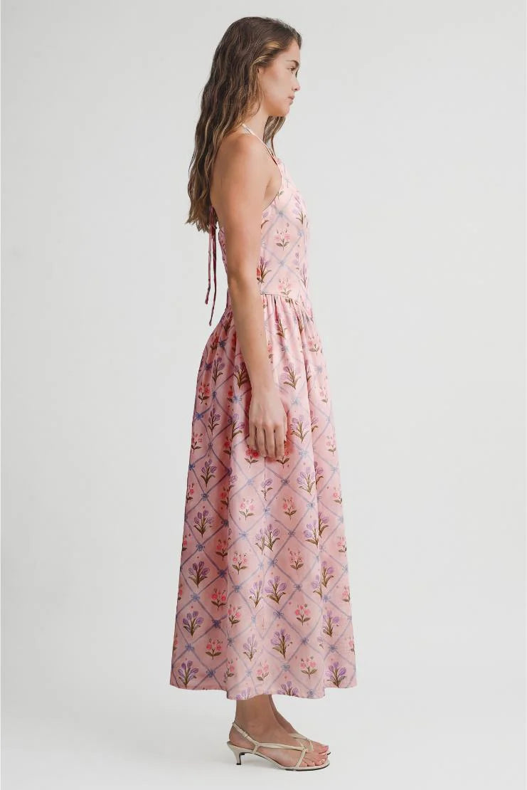 Fiona Floral Jaquard Halter Midi Dress - Pink