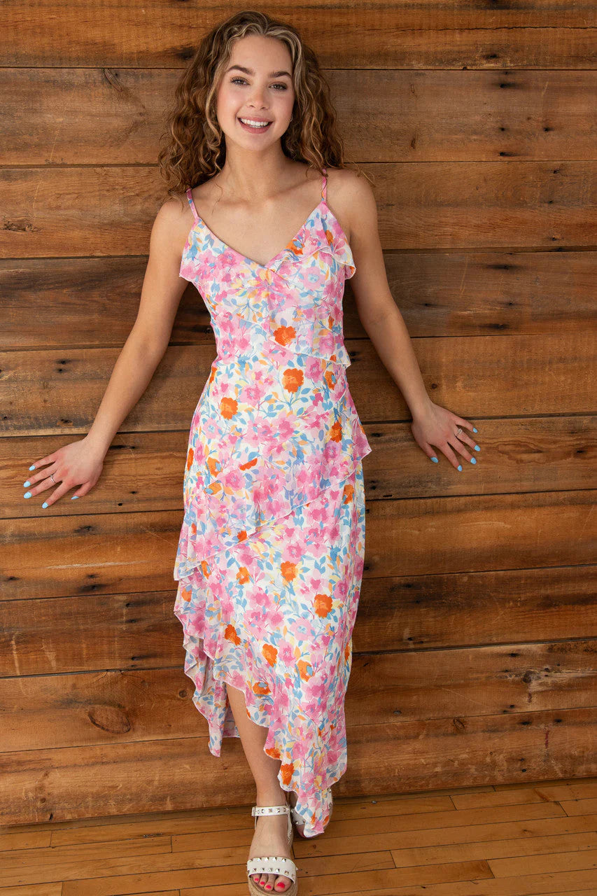 Floral Asymmetrical Hem Ruffle Mesh Midi Dress