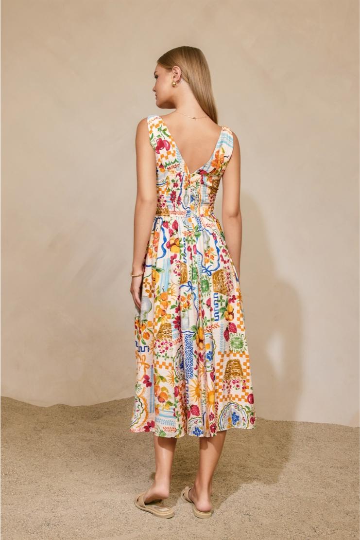 Santorini Plunging Corset Bodice Midi Dress