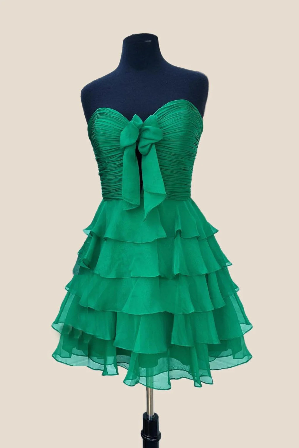 Strapless Red Chiffon Bow Ruffle Short Dress