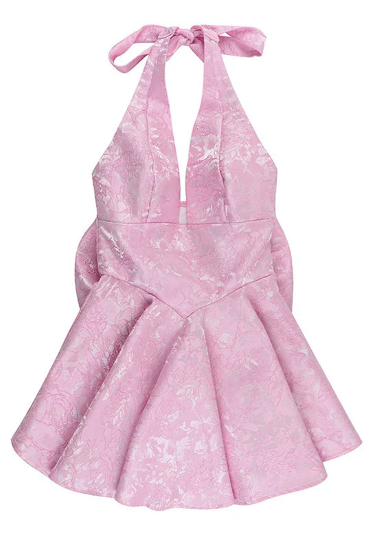 Halter Pink Plunge Short A-line Bow Dress