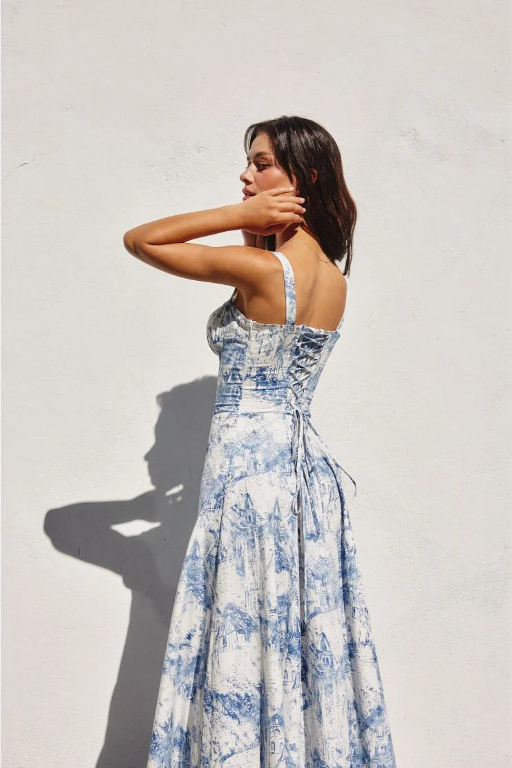 Caroline Coastline Corset Sweetheart Midi Dress - Blue
