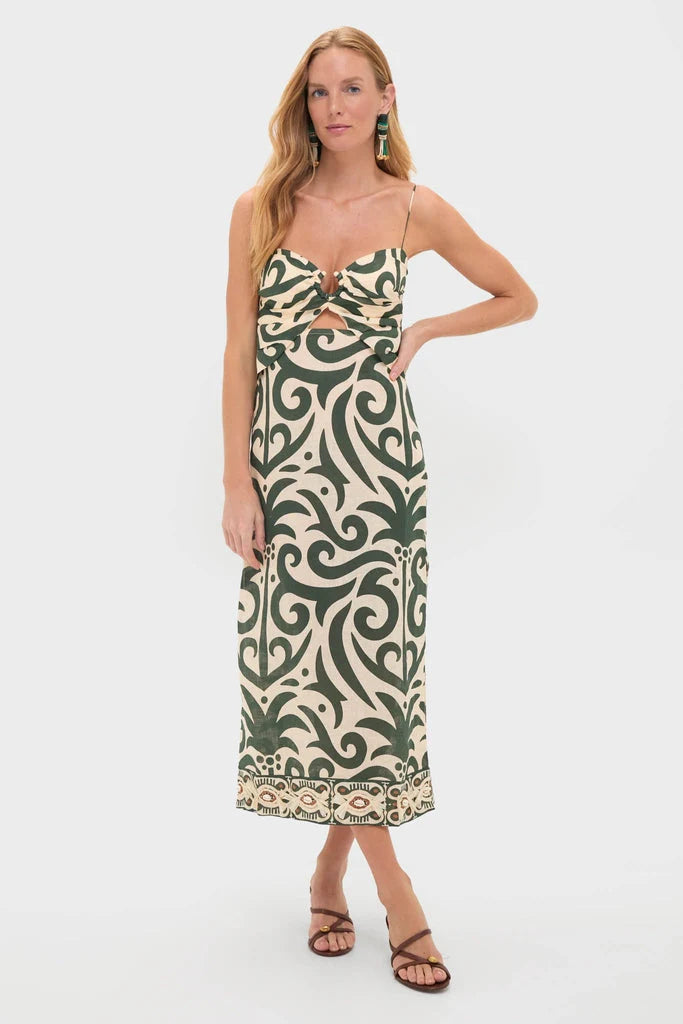 Ecru and Green Water Adventure Midi Dress