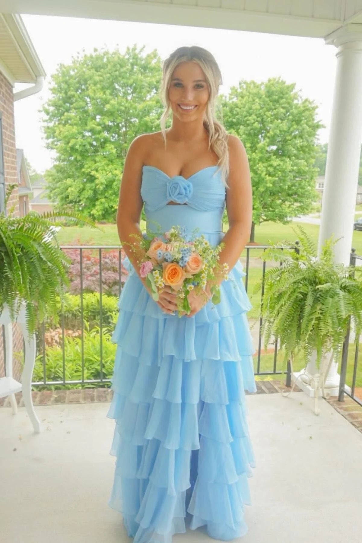 Strapless Light Pink Rosette Tiered Long Dress