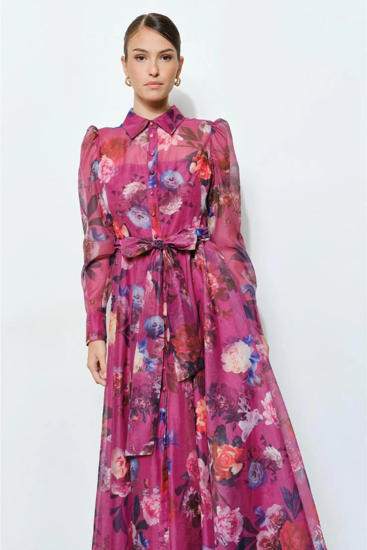 Flora Floral Print Organza Button-Up Midi Dress